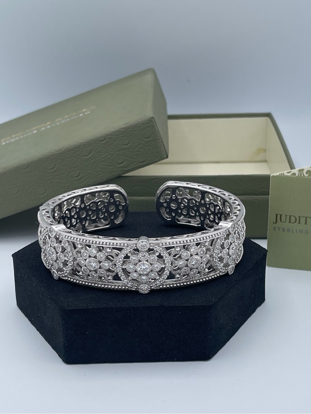 Judith Ripka Sterling Silver 925 Wide Cuff Bracelet Thailand CZ Filigree Heavy